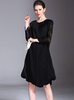 Pure Color Splicing Long Sleeve Pleated Asymmetric Loose Dress