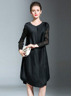 Pure Color Splicing Long Sleeve Pleated Asymmetric Loose Dress