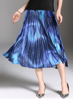 Chiffon Color-Blocked Print Elastic Waist Pleated Beach Skirt