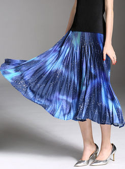 Chiffon Color-Blocked Print Elastic Waist Pleated Beach Skirt