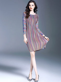Multi Color Striped Long Sleeve Sheath Pleated Dress