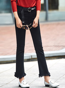 Black Flare Fringed Pants With Rough Selvedge Detail
