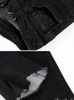 Black Denim Flare Pants With Asymmetric Tied Tassel Detail