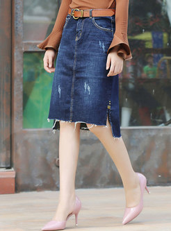 Deep Blue Rivet Denim Wrap Midi Skirt With Side Slit