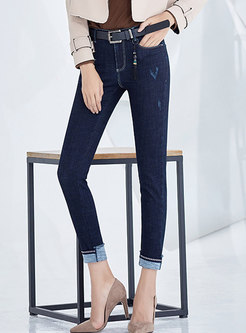 Winter Deep Blue Denim Pencil Pants With Tipped Detail 