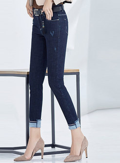 Winter Deep Blue Denim Pencil Pants With Tipped Detail 