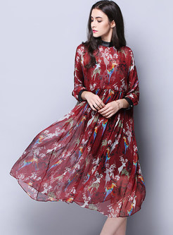 Fashion Red Three Quarters Sleeve Print Irregular Silk Dress