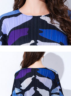 Trendy Color-blocked Print Long Sleeve Loose Pleated Dress