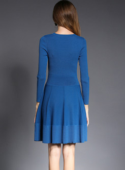 Fashion Blue Long Sleeve Pleated Knitted Dress