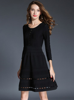 Brief Black Long Sleeve Hollow Out Knitted Dress