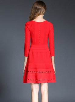 Brief Red Long Sleeve Hollow Out Knitted A Line Dress