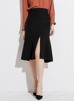 Stylish Black High Waist Midi Fishtail Hem Split Skirt