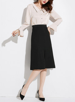 Stylish Black High Waist Midi Fishtail Hem Split Skirt