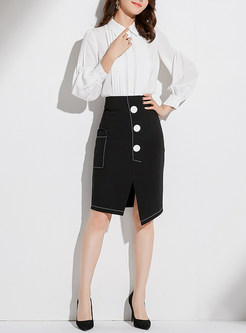 Fashion Buttoned Front Asymmetric Hem Wrap Skirt 