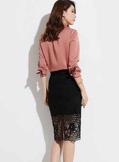 Sexy Black Lace Paneled Hollow Out Sheath Midi Skirt