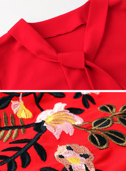 Stylish Red V-neck Embroidered Chiffon Blouse 