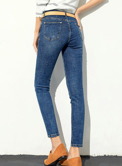 Fashion Light Blue Denim Pencil Pants With Ripped Detailing