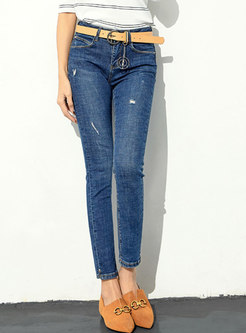 Fashion Light Blue Denim Pencil Pants With Ripped Detailing