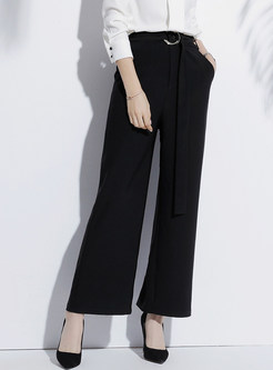 Casual Black Belted Wide Leg Pants