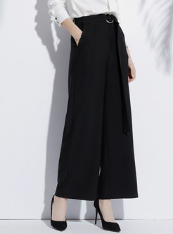 Casual Black Belted Wide Leg Pants
