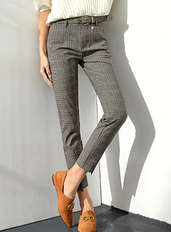 Stylish Grey Gingham Plaid Pencil Pants With Pockets