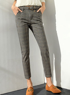 Stylish Grey Gingham Plaid Pencil Pants With Pockets