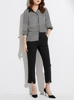 Striped Single-breasted Lapel Chiffon Blouse With Ciam