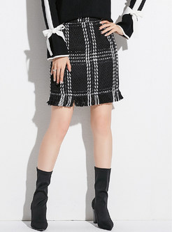 Grid Tassel Patch Sheath Mini Skirt