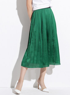 Solid Color Elastic Waist Pleated A Line Skirt