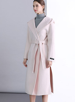 Pink Hooded Cashmere Long Coat With Side Slit
