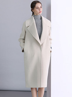 Casual Light Beige Turn-down Collar Wool Knee-length Coat 