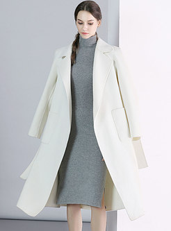 White Lapel Wool Coat Belted With Side Pockets