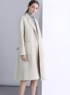 Brief Lapel Solid Color Cashmere Tied Pockets Knee-length Coat