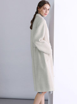 Brief Lapel Solid Color Cashmere Tied Pockets Knee-length Coat