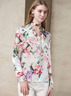 Turn-down Tied Collar Single-breasted Silk Blouse