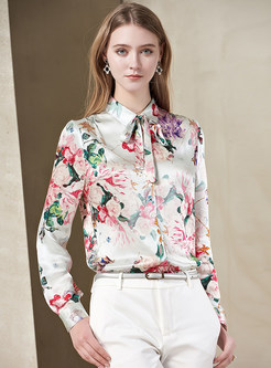Turn-down Tied Collar Single-breasted Silk Blouse