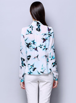 Chic Print Stand Collar Tied Slim Blouse
