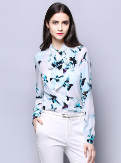 Chic Print Stand Collar Tied Slim Blouse