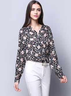 Chic V-neck Printed Silk Blouse With Button Embellishment
