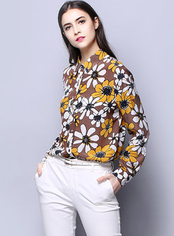 Stylish Multicolor Shirt Collar Print Buttoned Cuffs Blouse