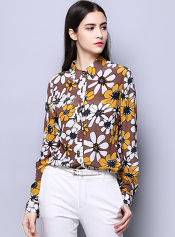 Stylish Multicolor Shirt Collar Print Buttoned Cuffs Blouse