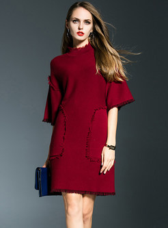 Stylish Half Sleeve Wool Dress With Rough Selvedge Pockets