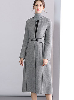 Trendy Grey Solid Color Crew-neck Wool Slim Long Coat