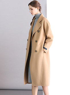 Camel Vintage Notched Lapel Double-breasted Wool Coat