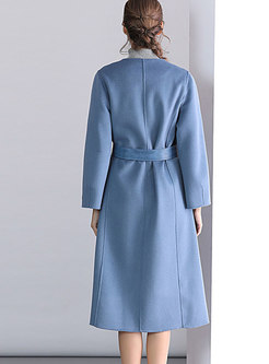 Fashion Blue V-neck Wool Tie-waist Loose Coat