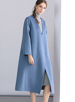 Fashion Blue V-neck Wool Tie-waist Loose Coat