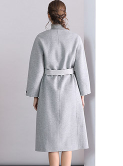 Winter Grey V-neck Wool Belted Loose Coat