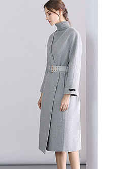 Winter Grey V-neck Wool Belted Loose Coat
