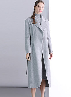 Casual Daily Monochrome Notched Lapel Long Wool Coat 