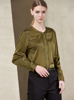 Fashion Green Silk Blouse With Single-breasted Detail 